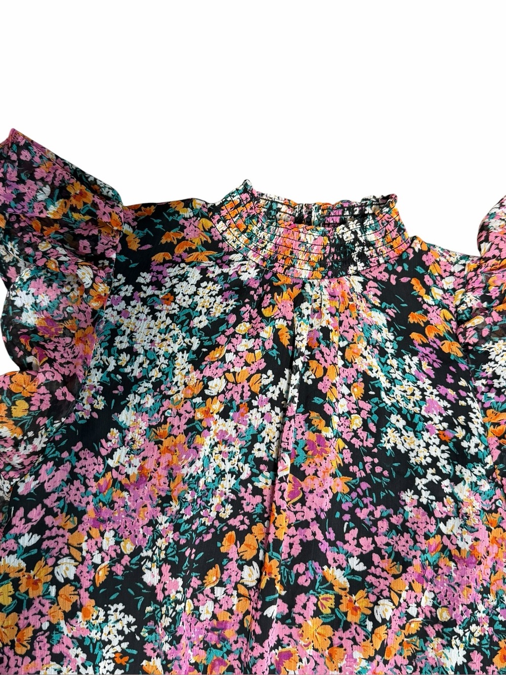 1.STATE Floral Smocked Mock Neck Ruffle Sleeve Mini Dress Black Pink Size Small - Picture 5 of 9